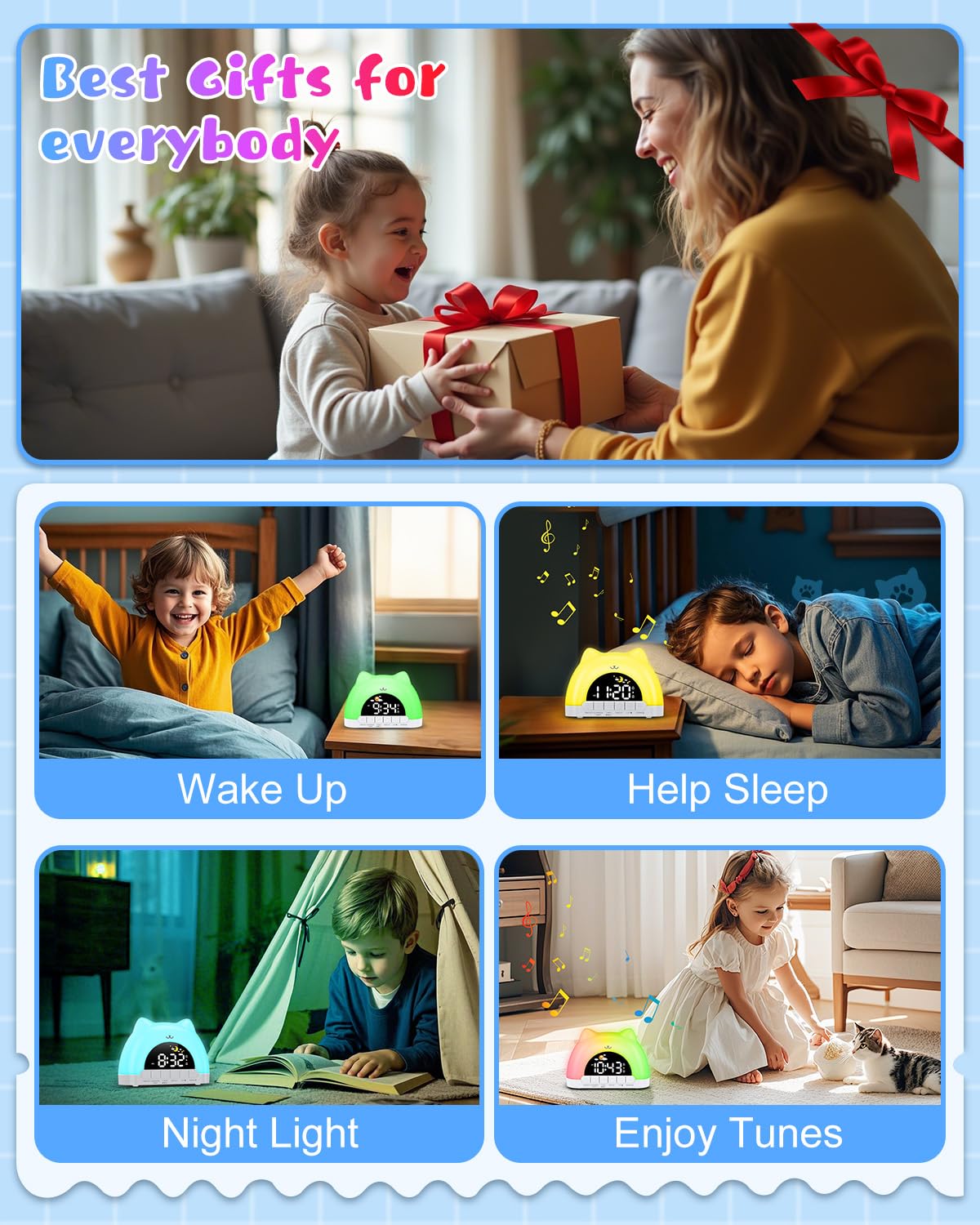 Reloj despertador para niños, reloj OK to Wake para niños, reloj de gato con luz nocturna de 11 colores, 10 sonidos relajantes, bloqueo infantil, alarmas duales, entrenamiento del sueño