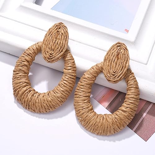 Miniatura 3 de Aretes de ratán para mujer, aretes de aro de rafia hechos a mano, bohemios, aretes colgantes de rafia, aretes de aro de mimbre de paja trenzados,