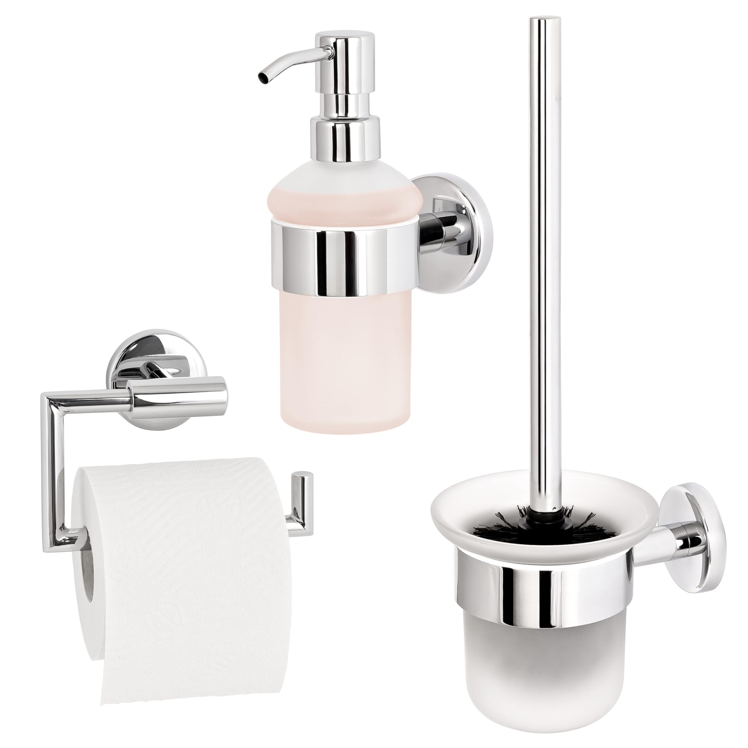 bremermann Bad-Serie Lucente - Badezimmer Zubehör-Set 3tlg. bestehend aus 1x Toilettenpapierhalter 1x WC-Garnitur und 1x Seifenspender, Badaccessoires aus Edelstahl verchromt