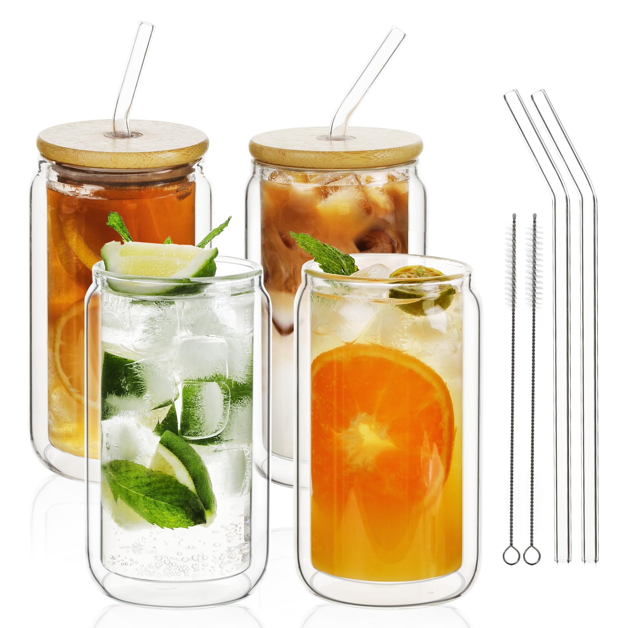 LIBWYS 12oz 4pcs Double Wall Glass Cups with Bamboo...