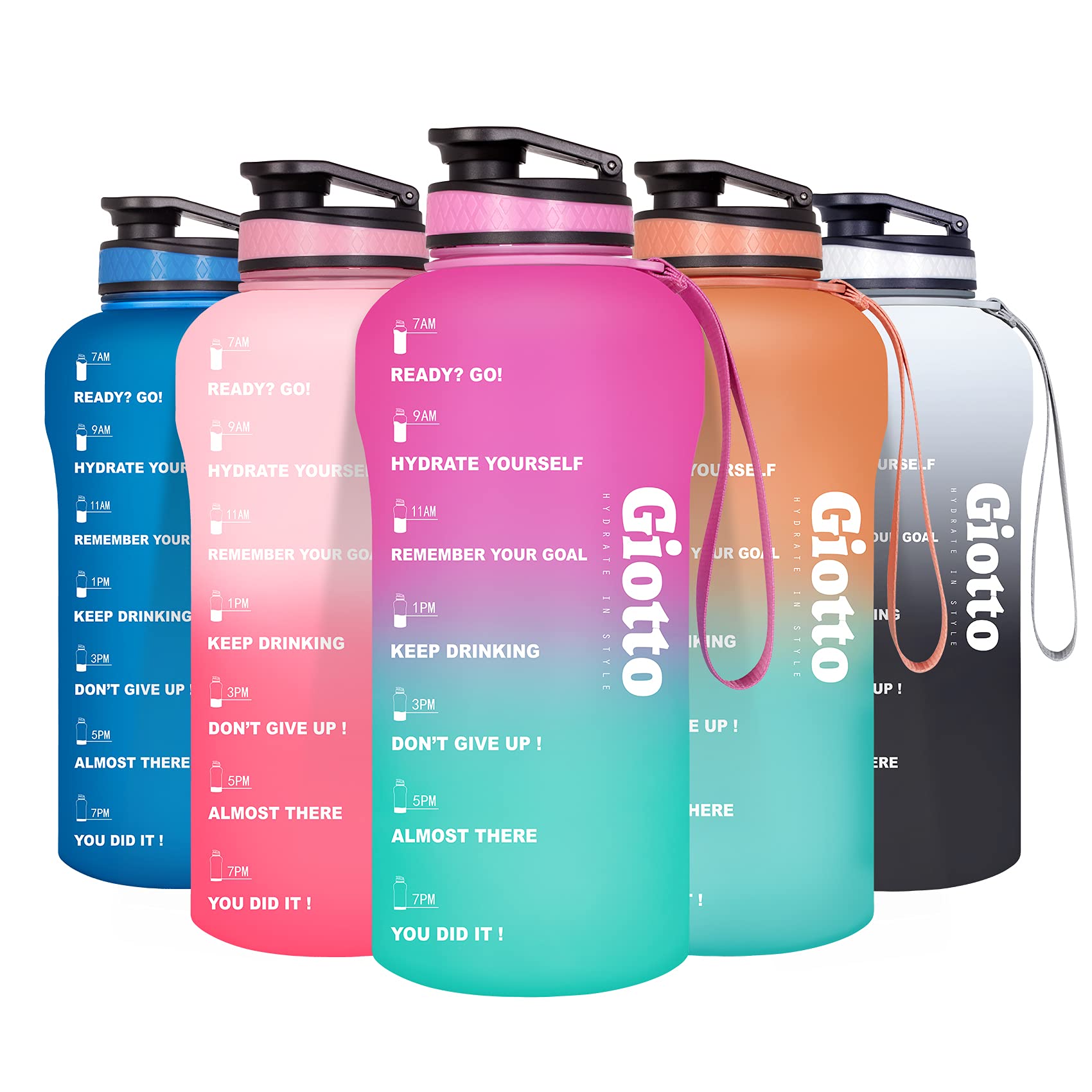 Giotto Large Half Gallon/64oz Motivational Water Bottle with Time Marker & Removable Strainer, Leakproof BPA Free Water Jug to Remind You Drink More Water, Hydrate in Style