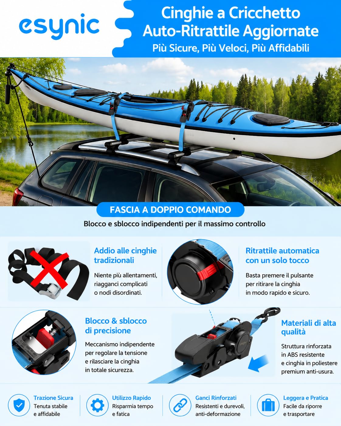 eSynic 4PZ Cinghie a Crichetto 3.5m Ritrattibili Automatico Carico 320KG, Set Cinghia di Ancoraggio Avvolgitore per Trasporto Moto Attrezzature con Gancio a Molla con Blocco, Incluse Fasce Prolunghe