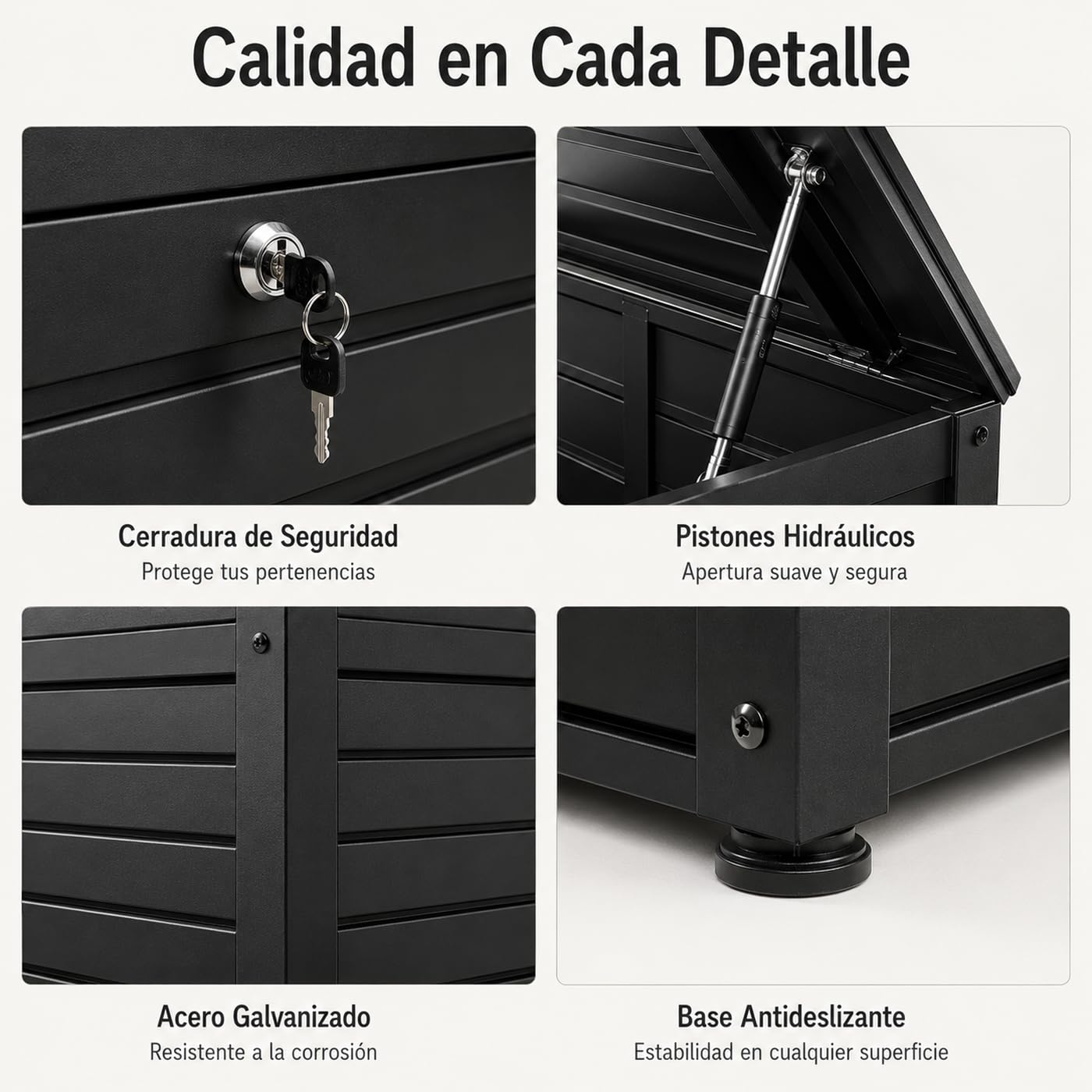 Arcón metálico Exterior 120 × 60 × 61 cm con Tapa hidráulica y Cerradura – Acero Resistente a la Intemperie, Base Antideslizante, Esquinas Antideslizantes, jardín terraza y balcón (Negro)
