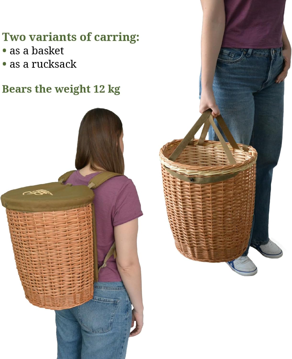 Acropolis Large Wicker Foraging Backpack & Mushroom Picking Basket | Foraging bag with straps, mushroom belt pouch for hiking & camping