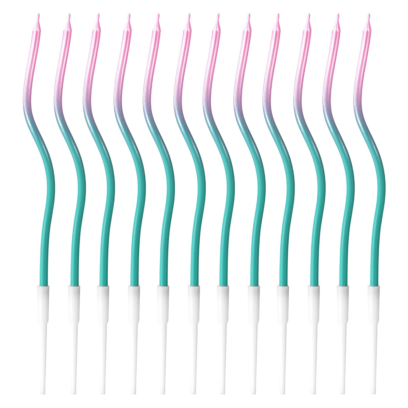 lasuroa 12pcs Twisty Spiral Cake Candles, Twist Slim Long Thin Birthday Cake Candles with Holders Cupcake Decoration with Stand for Birthday Baby Party Wedding Anniversary (Pink Green Gradient)