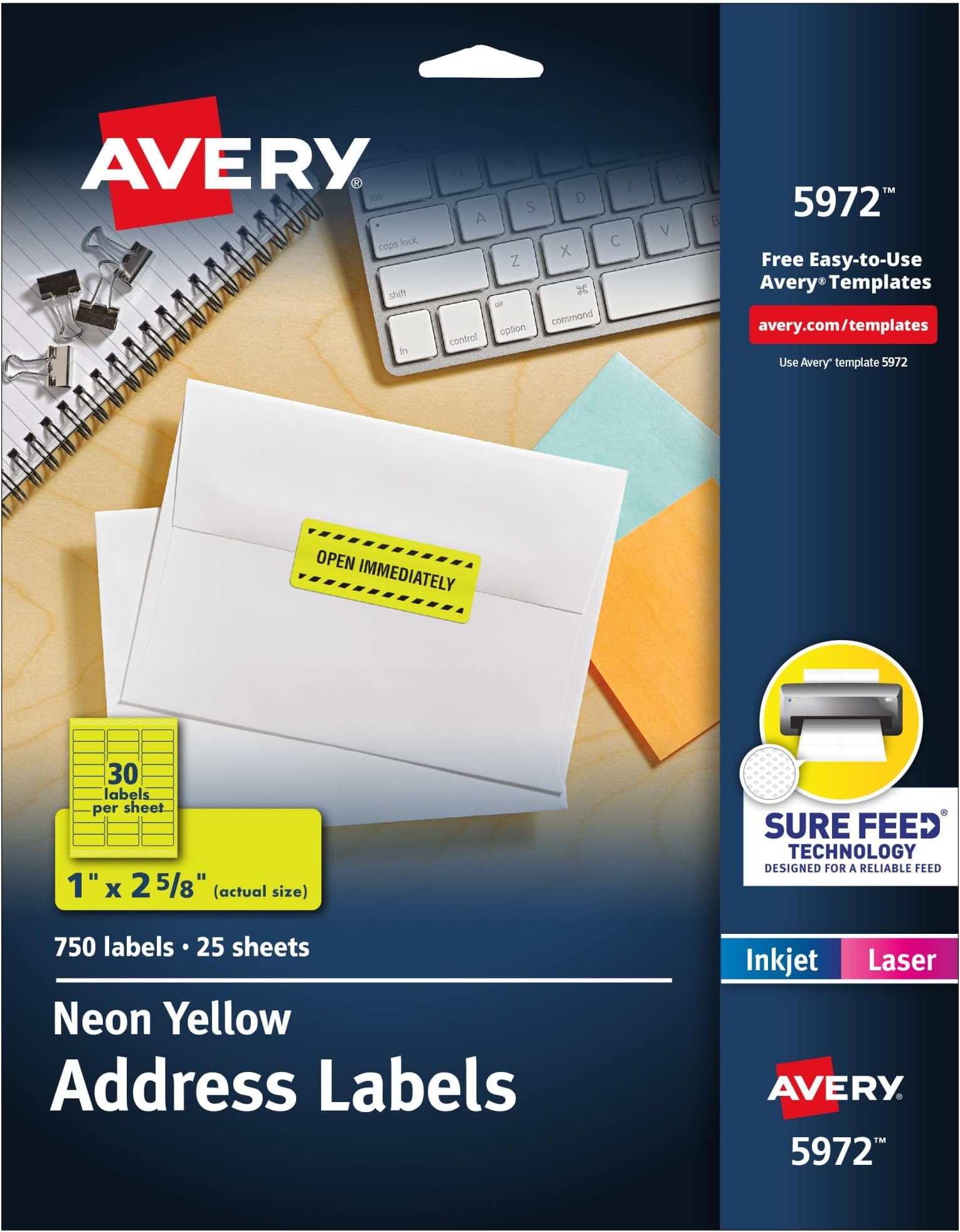Avery Printable Address Labels, Sure Feed Technology, 1" x 2-5/8", Neon Yellow, Laser &amp; Inkjet Compatible, 750 Blank Labels, Great for Branding, Mailing, Organizing, and More (5972), (Pack of 5)