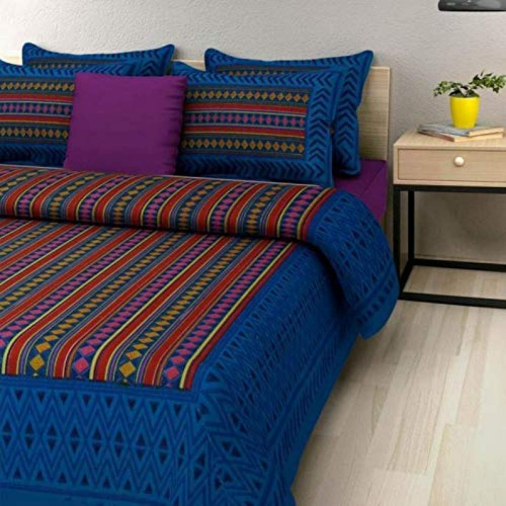 Shilpi ImpexCotton Striped Bedsheets for Double Bed with 2 Pillow Covers (Blue).