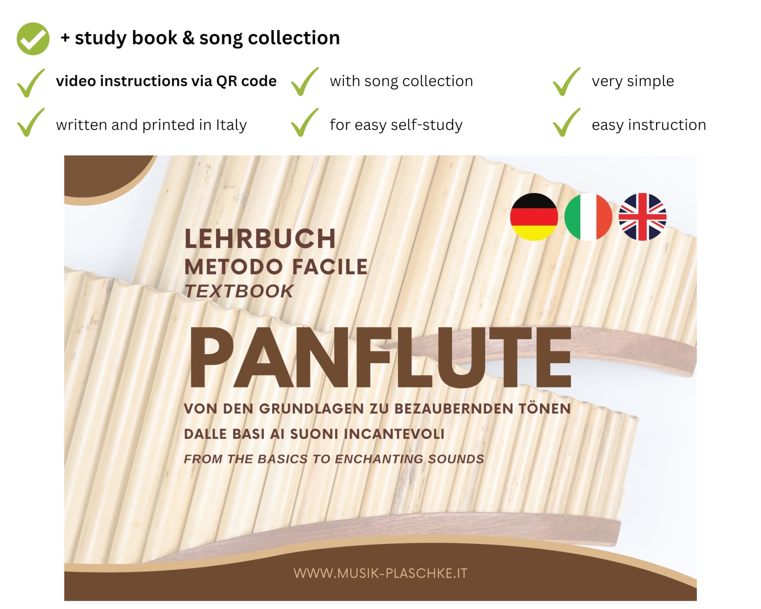 Plaschke - Flûte de pan en bambou - Avec 20 tubes, majeur, lanières en bois, étui et livret - Fabriquée à la main - Instruments du Tyrol du Sud / Italie