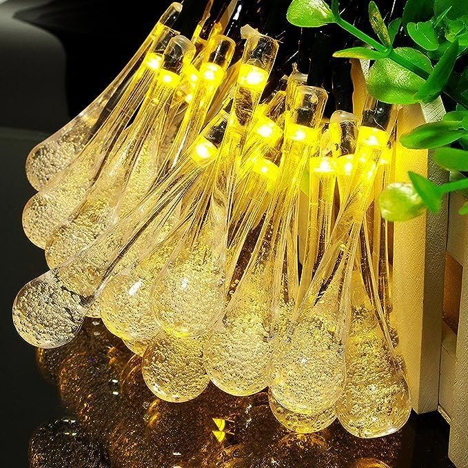 Image of MPROW Water Drop String Lights, 20 LED Yellow Color Fairy Lights, Waterproof Decorative Lighting for Garden, Patio, Christmas & Party Decorations (Pack of 1)