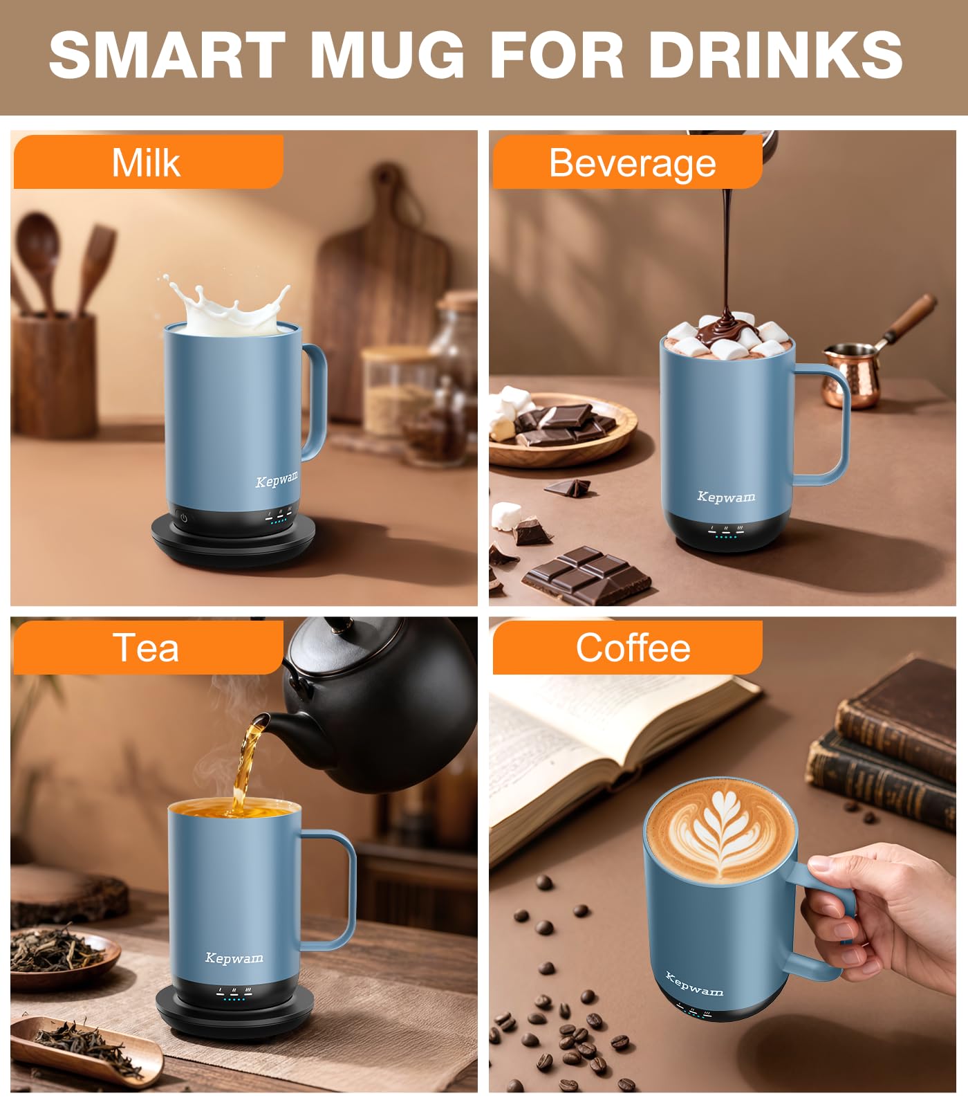 Kepwam Taza de café con calefacción T1-16 onzas, calentamiento rápido y mayor duración de la batería, taza de café autocalentable hasta 65.0 °C, botón físico y control por aplicación, taza calentadora