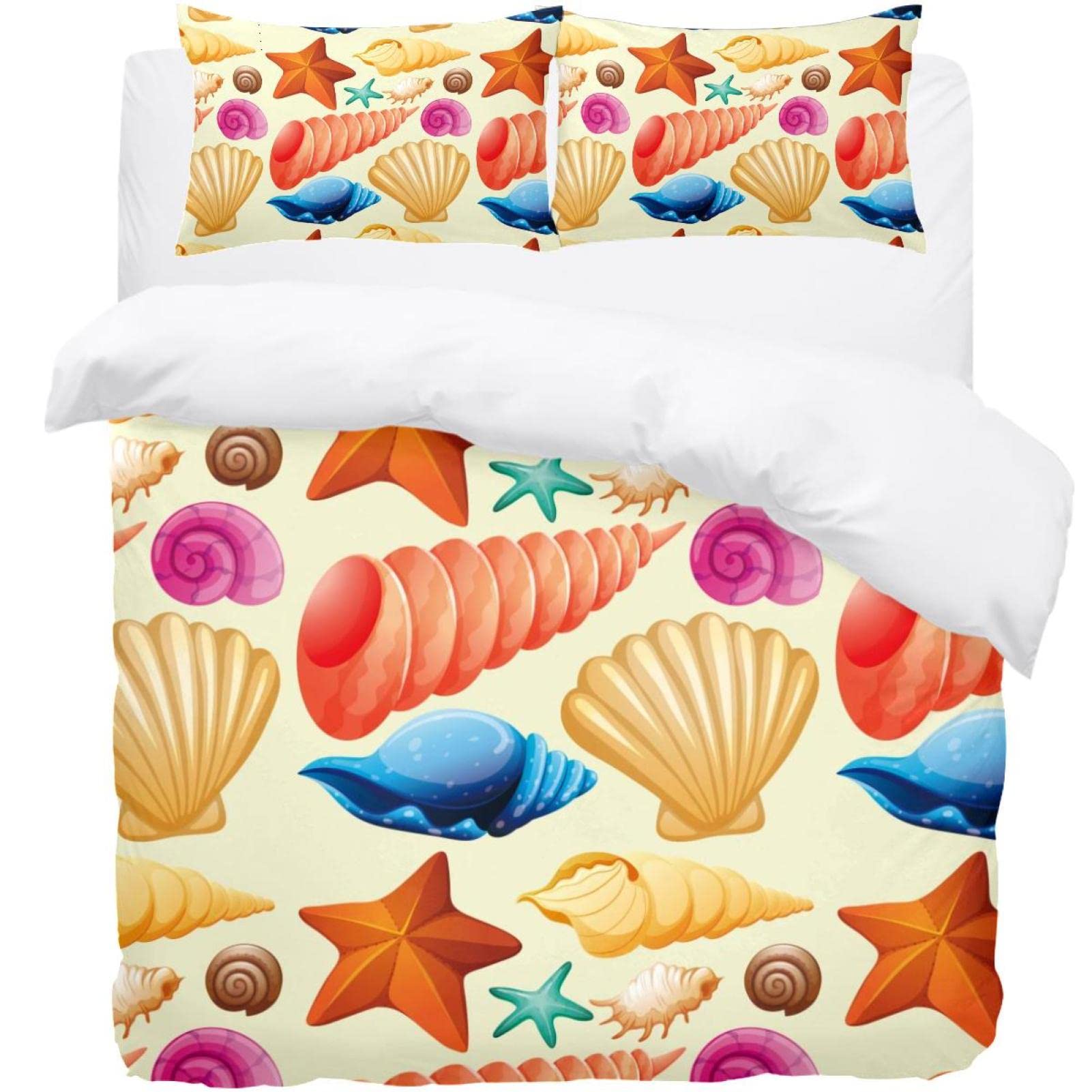 Parure de lit simple 3 pièces avec housse douce motif coquillages