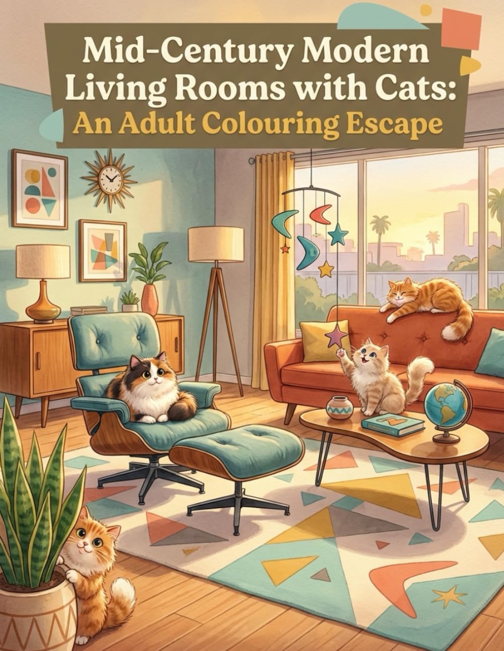 Mid-Century Modern Living Rooms with Cats: An Adult Colouring Escape