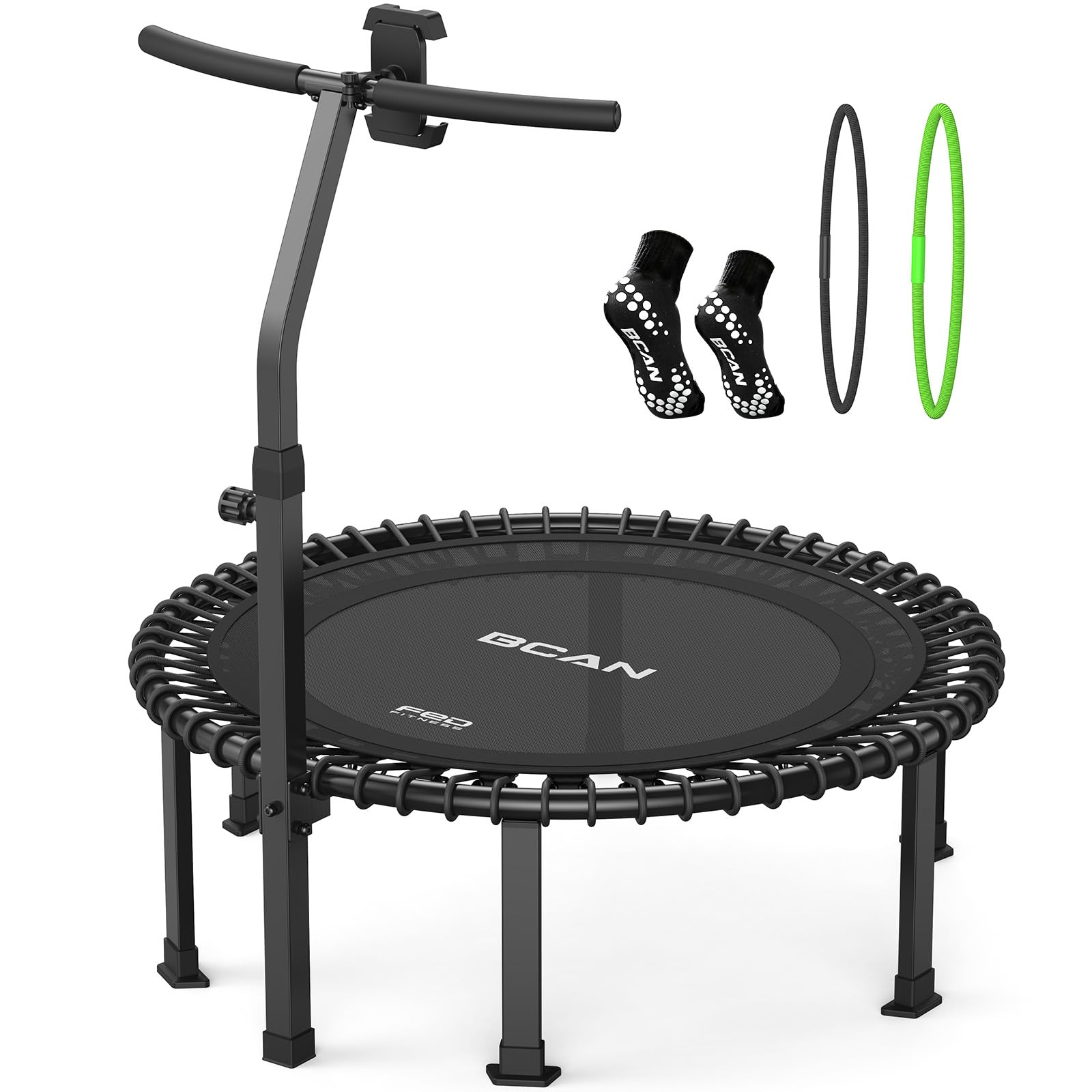 BCAN BT4 38/40/48" Soft Land Pro Adult Bungee Rebounder Trampoline, 500lb Capacity, Adjustable Tension Bungees, One-Piece Frame, Quiet Indoor Cardio w/Handle,Phone Holder & 2 Pairs Socks| FED Fitness