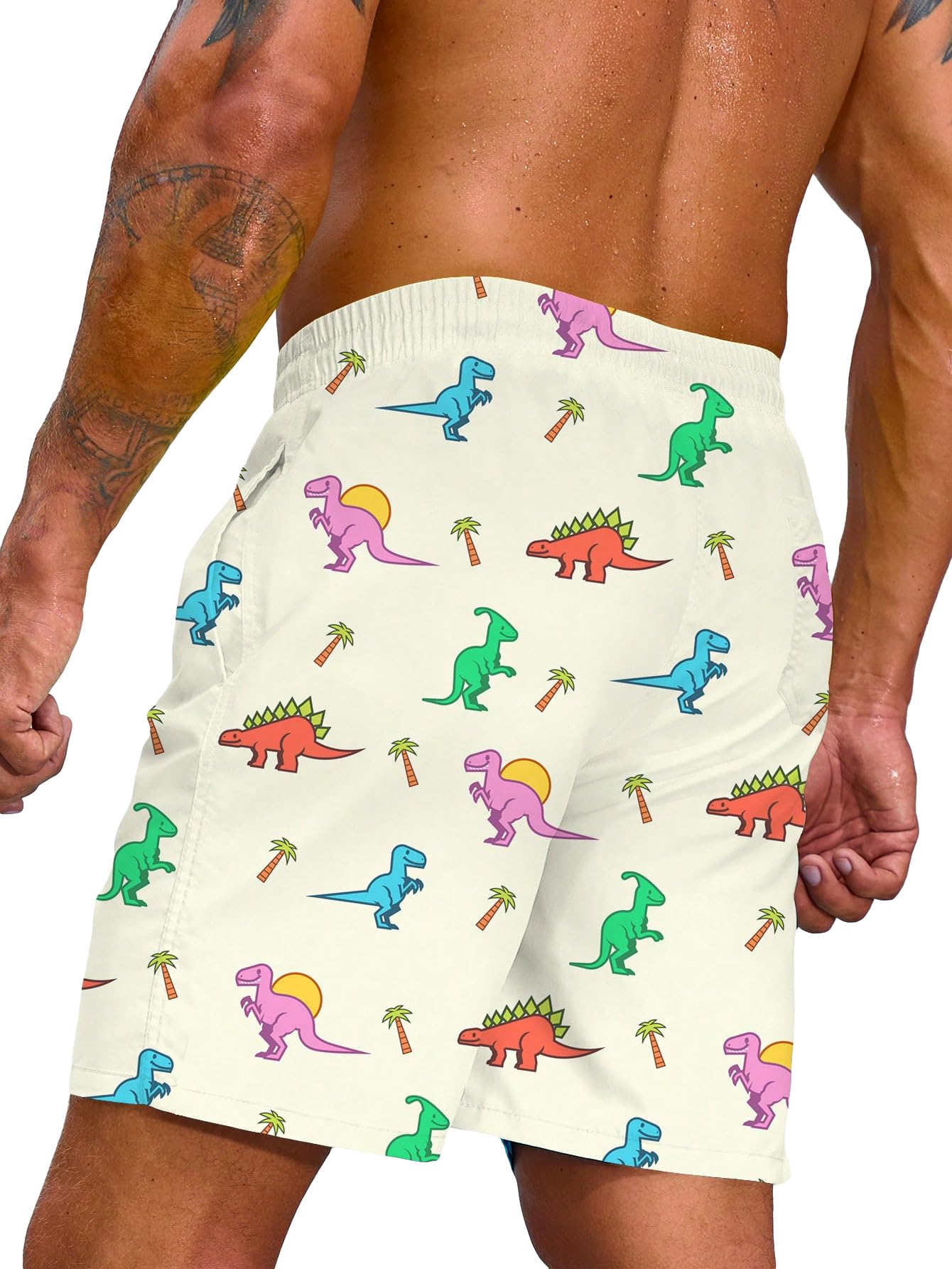 WDIRARA Men's Cartoon Graphic Print Swim Trunks Drawstring Waist Beach Shorts with Pockets Apricot Large