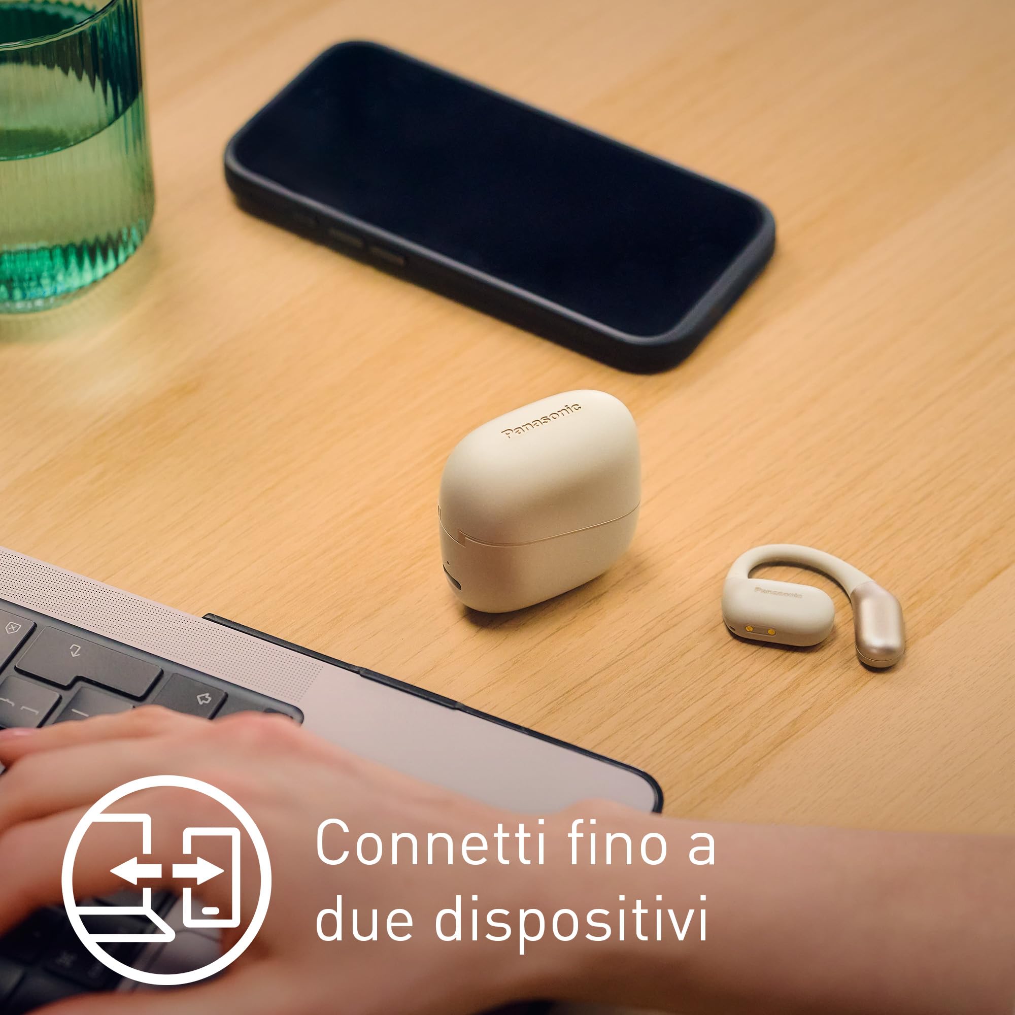 Panasonic RB-F10DE-C Cuffie Wireless Open-Ear, Auricolari wireless Sport Bluetooth con Microfono ENC, 25H di Autonomia, Bluetooth 5.4, IPX4, Controlli Touch, Beige