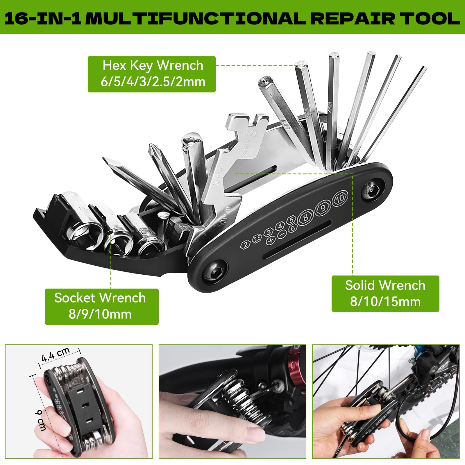 Ninonly Kit Riparazione Bici 38PCs Kit Riparazione Pneumatici Bici con 120PSI Mini Pompa d'Aria e 16 in 1 Attrezzo Multifunzione da Bici per l'uso in Situazioni di Emergenza Durante i Viaggi