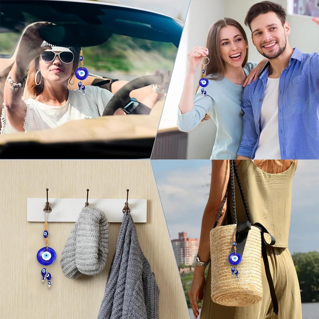 1 Pezzi Ciondolo per Auto Malocchio, Accessorio per la Decorazione dell'auto, Perline blu Malocchio per Protezione e Felicità, Ciondolo Portafortuna Auto per specchietto retrovisore auto