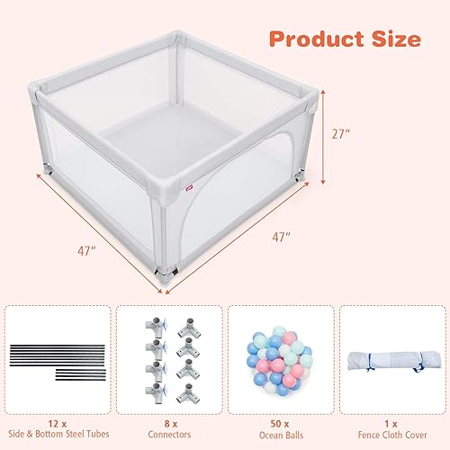 Miniatura 6 de Costzon Corralito para bebés, extra grande con 50 bolas oceánicas, puertas de seguridad para bebés con ventosas antideslizantes, vallas para niños