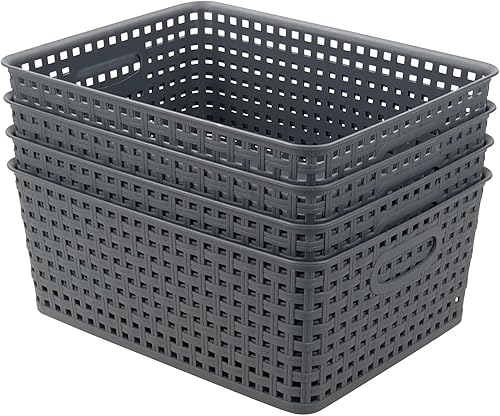 Paquete de 4 cestas de almacenamiento de plástico, contenedor organizador gris