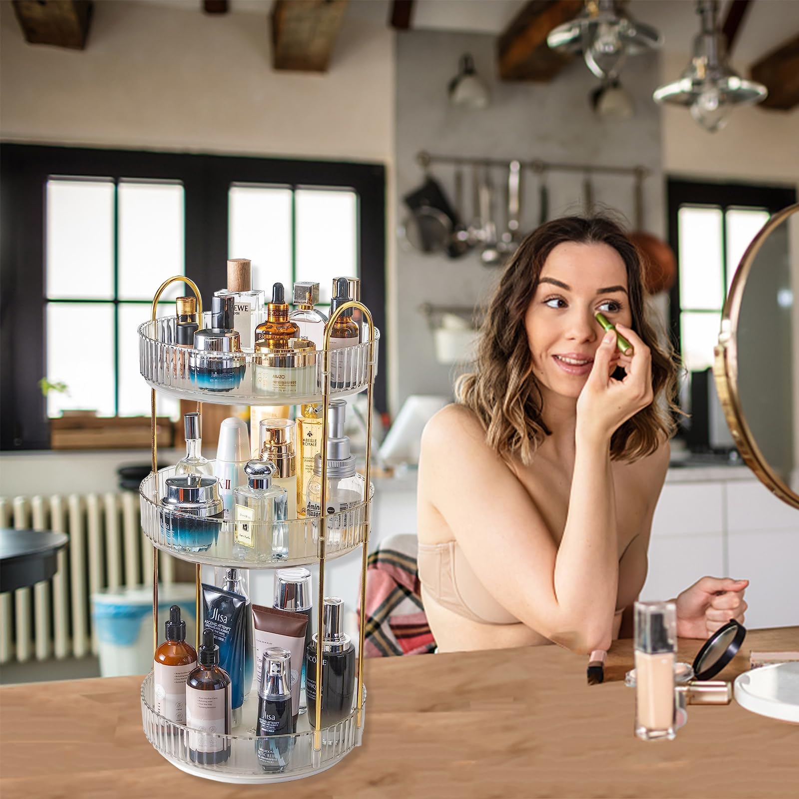 Asayuee Organizer per trucchi girevole a 360°, 2 ripiani, grande capacità, organizer per trucchi e cosmetici, organizer per cosmetici da bagno (trasparente a 3 livelli)