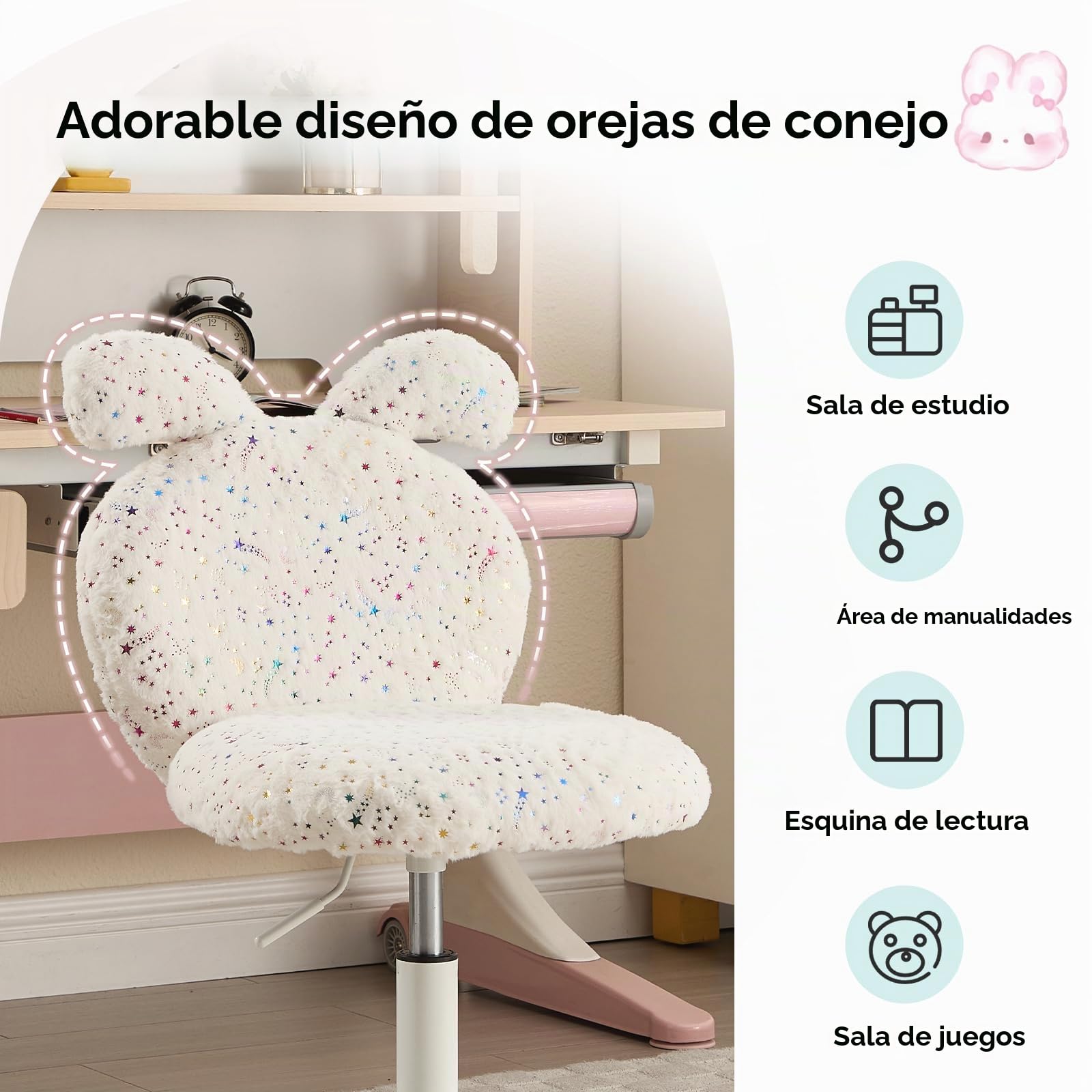 Ya-Home Silla Escritorio para Niña/Niño Diseño del Conejo,Beige | Lana Sintética, Altura Ajustable, Giratoria, Ruedas, 5cm Cojín, Respaldo con Apoyo Lumbar, para Dormitorio/Tocador