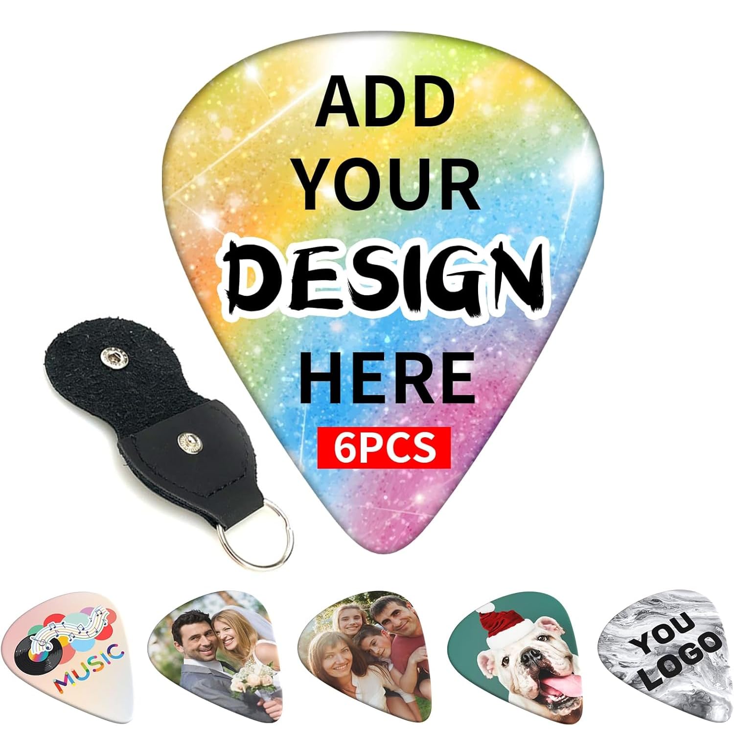 Custom Guitar Picks 6 Pcs, Personalised Guitar Picks with Photo Text Logo, Customised Plectrum with Double-sided Print, 3 Thicknesses, Guitar Accessories Plectrum for Guitar, Bass, Ukulele (0.46mm)