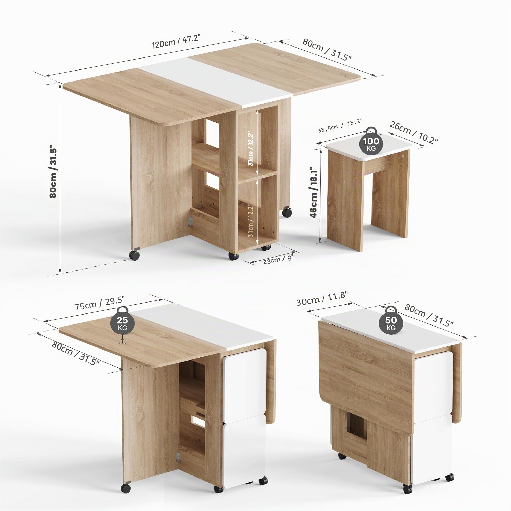 Mondeer Essgruppen, Klappbarer Esstisch mit 4 Stühlen, Esstisch Set mit Rollen und 2 Offenen Ablagen, für Kleine Räume Esszimmer Küche, 120 x 80 x 80 cm, Eiche und Weiß
