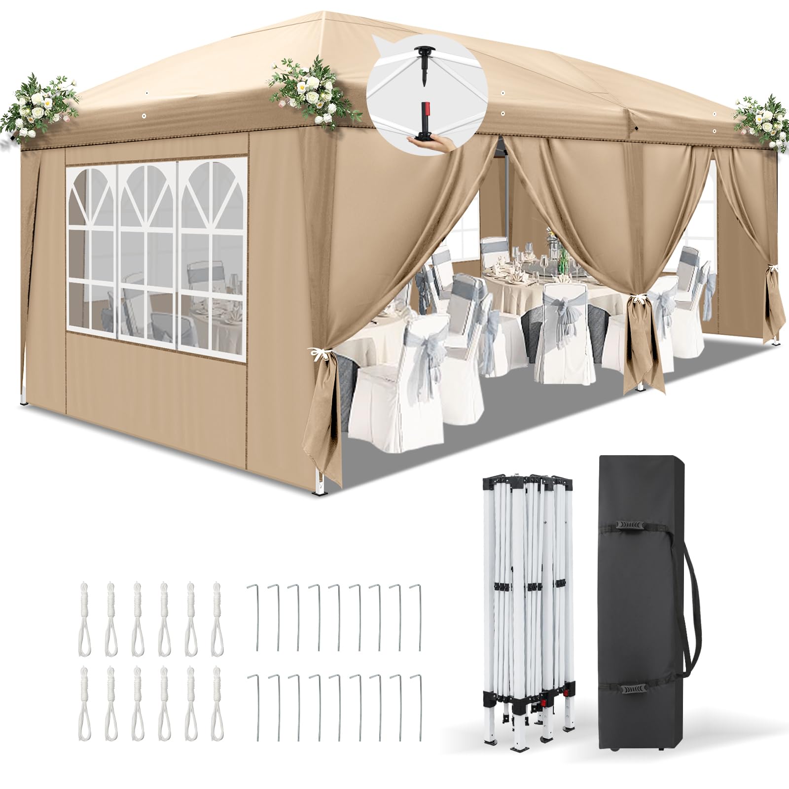 LEADZM Pavillon 3x6 m,Pop-Up Faltpavillon One-Touch, Metallrahmen,Wasserdicht UV-Schutz 50+ Stabil, Höhenverstellbar,Gartenzelt Partyzelt mit 6 Seitenteilen für Camping,Party,Khaki