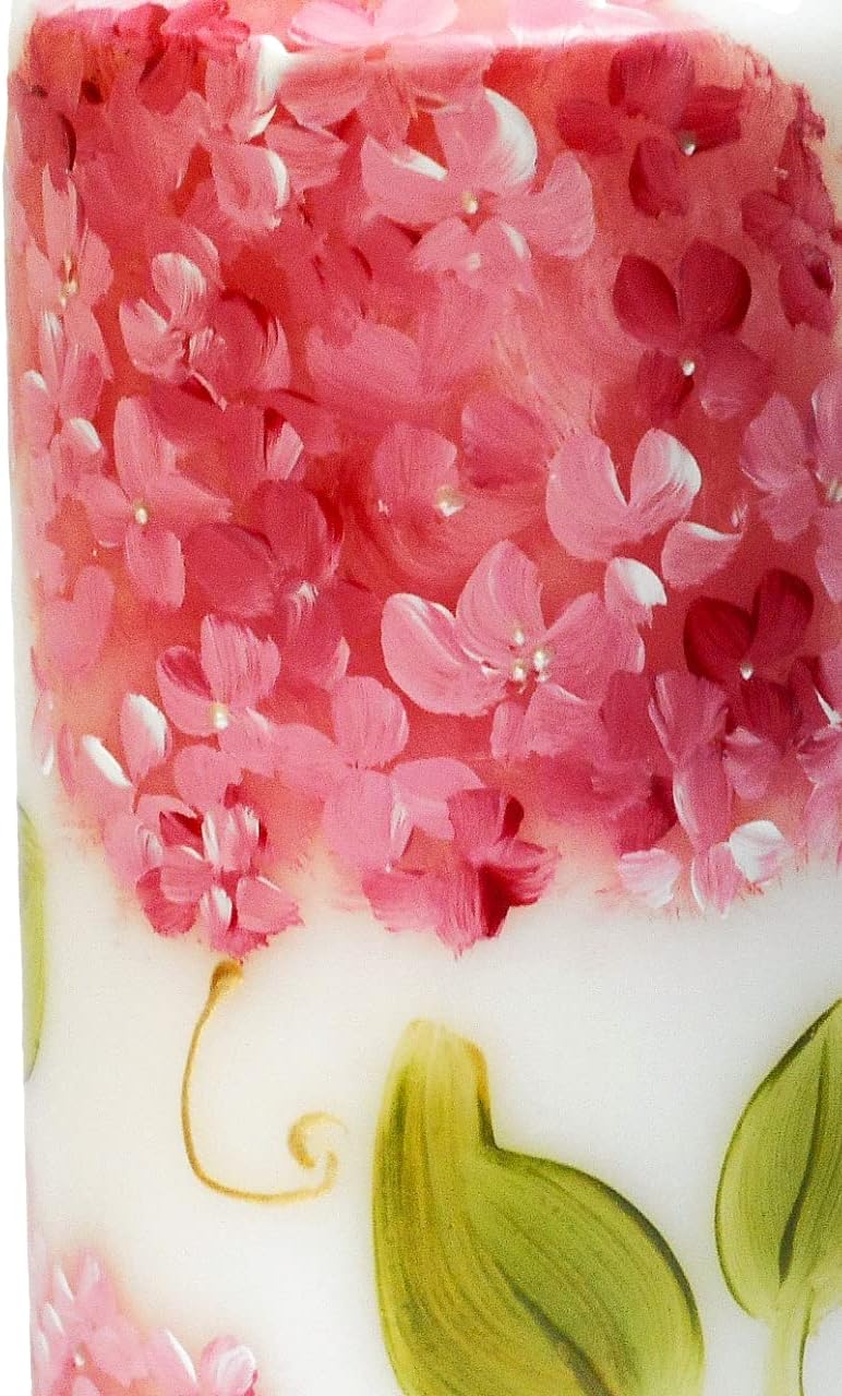 Beautiful Large Tall Decorative Romantic Hand Painted Pink Hydrangea Flower White Pillar Candle with Golden Swirls Big Floral Pillared Candlesticks Shabby Chic Spring Summer Home Decor