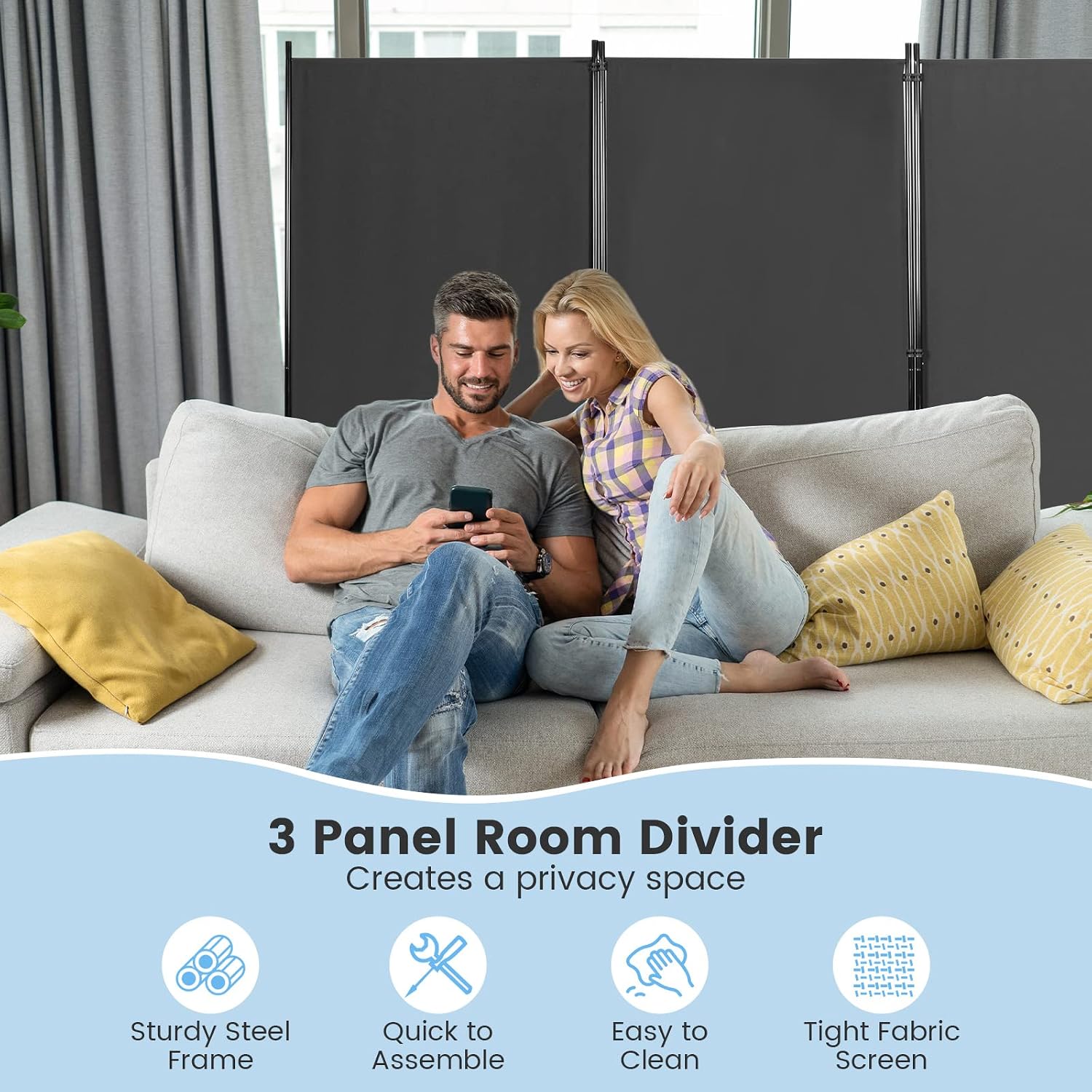 DORTALA 3-Panel Room Divider, Freestanding Folding Privacy Partition Screen with Steel Frame, Morden Room Divider for Separating Room in Bedroom, Office (Grey)