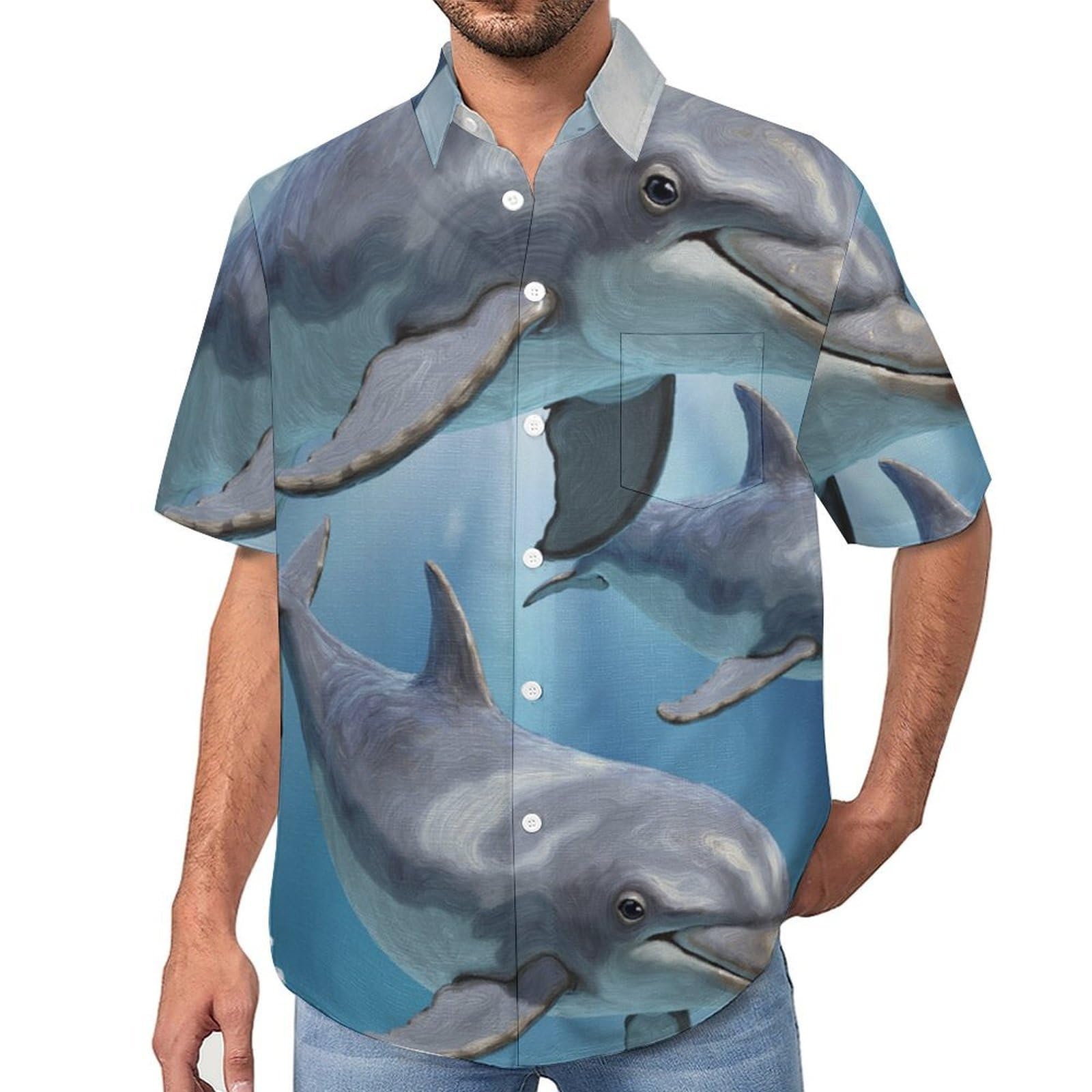 Camisa con estampado 3D de delfines: estilo informal con cuello de solapa 8