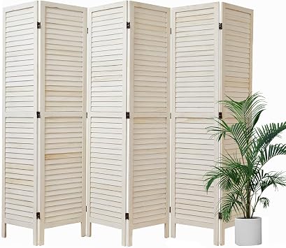 White Room Divider, Temporary wall with Double Hinges, 5.6 Ft Tall Folding Louver Wood Screen for Home Office Bedroom Hotel Decoration 6 Panels, White-Washed