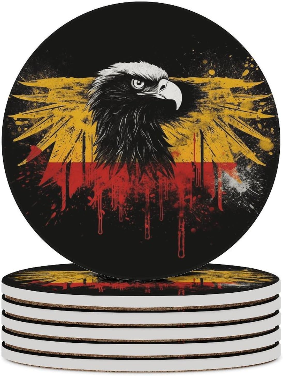 6PCS Germany Flag Eagle Coasters Non-Slip Round Drink Coasters with Ceramic Stone and Cork Base, Heat Resistant Absorbent 33.00Stone Coaster Set for Kinds of Mugs and Cups, 4 Inch