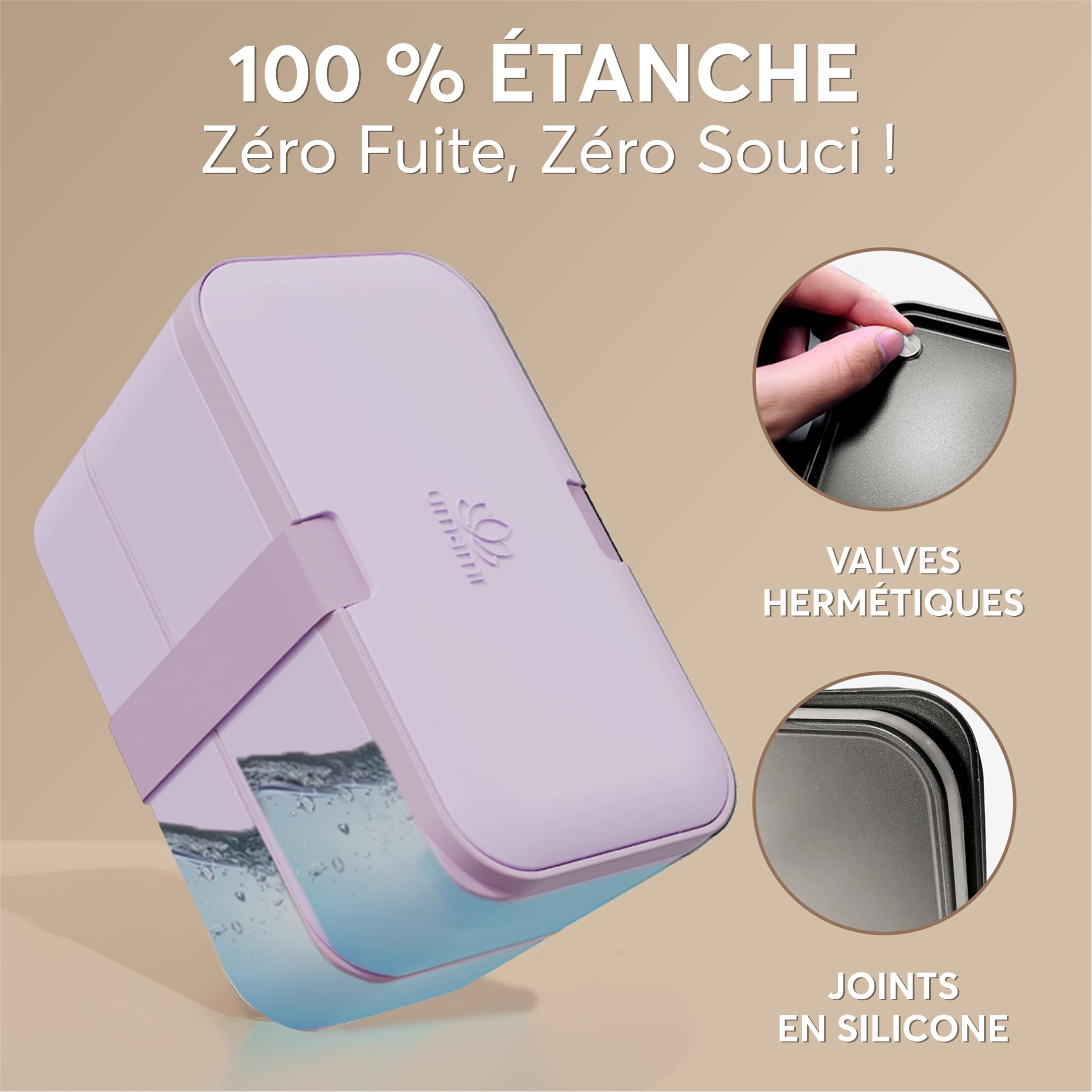 Umami Bento Lunch Box, Couverts & 2 Pots à Sauce Inclus, Boîte Repas Encastrable, Lunchbox Micro-Ondable, Boîte à Lunch Adulte Compartimentée, Bento Box, Violet Lavande, 1500 ml