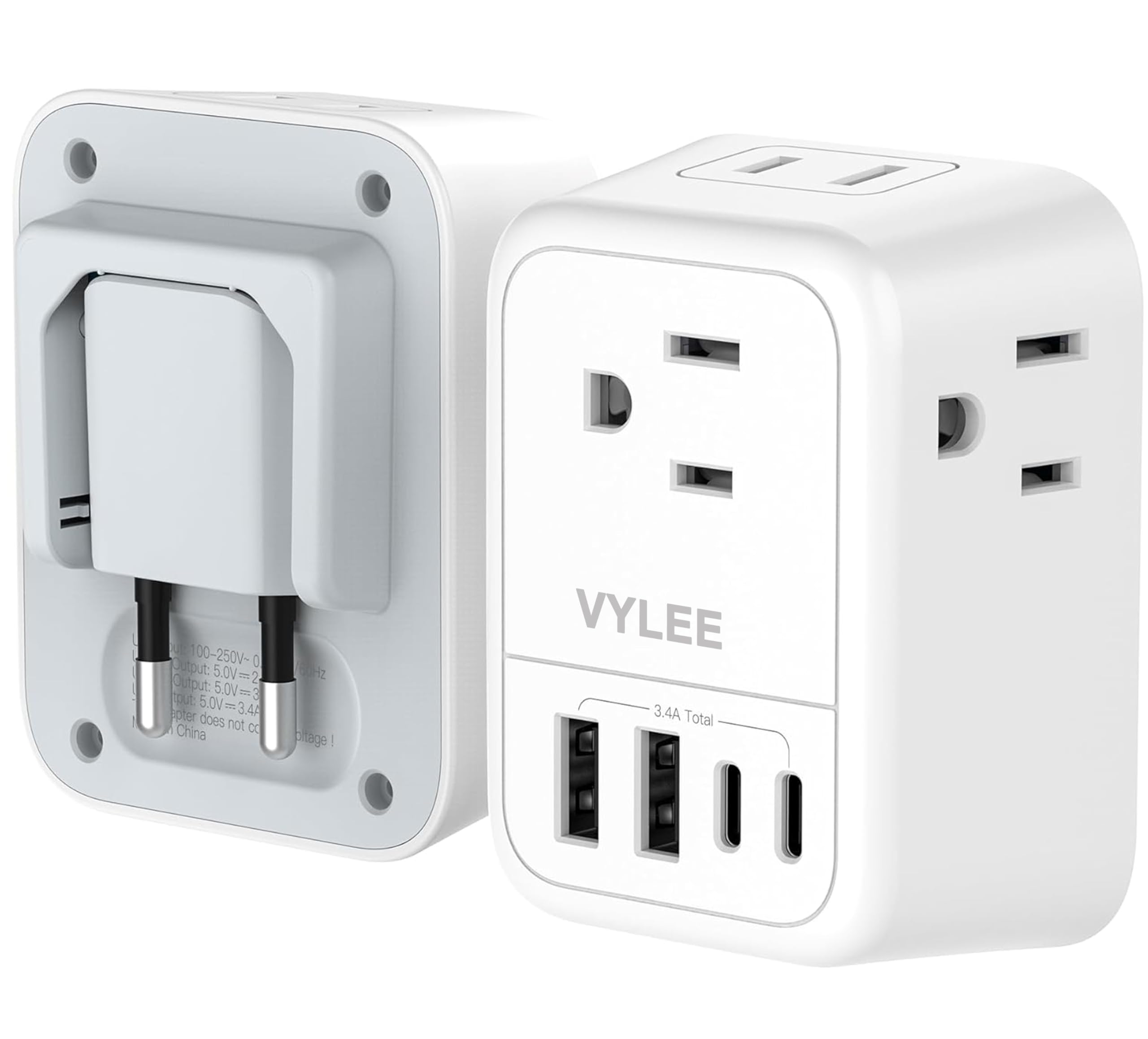 VYLEE Travel Plug Adapter, International Plug Adapter with 4 AC Outlets 4 USB Ports(2 USB C), Travel Adapter Type C Travel Essentials for US to Most Europe France Germany Italy Spain [1 Pack]