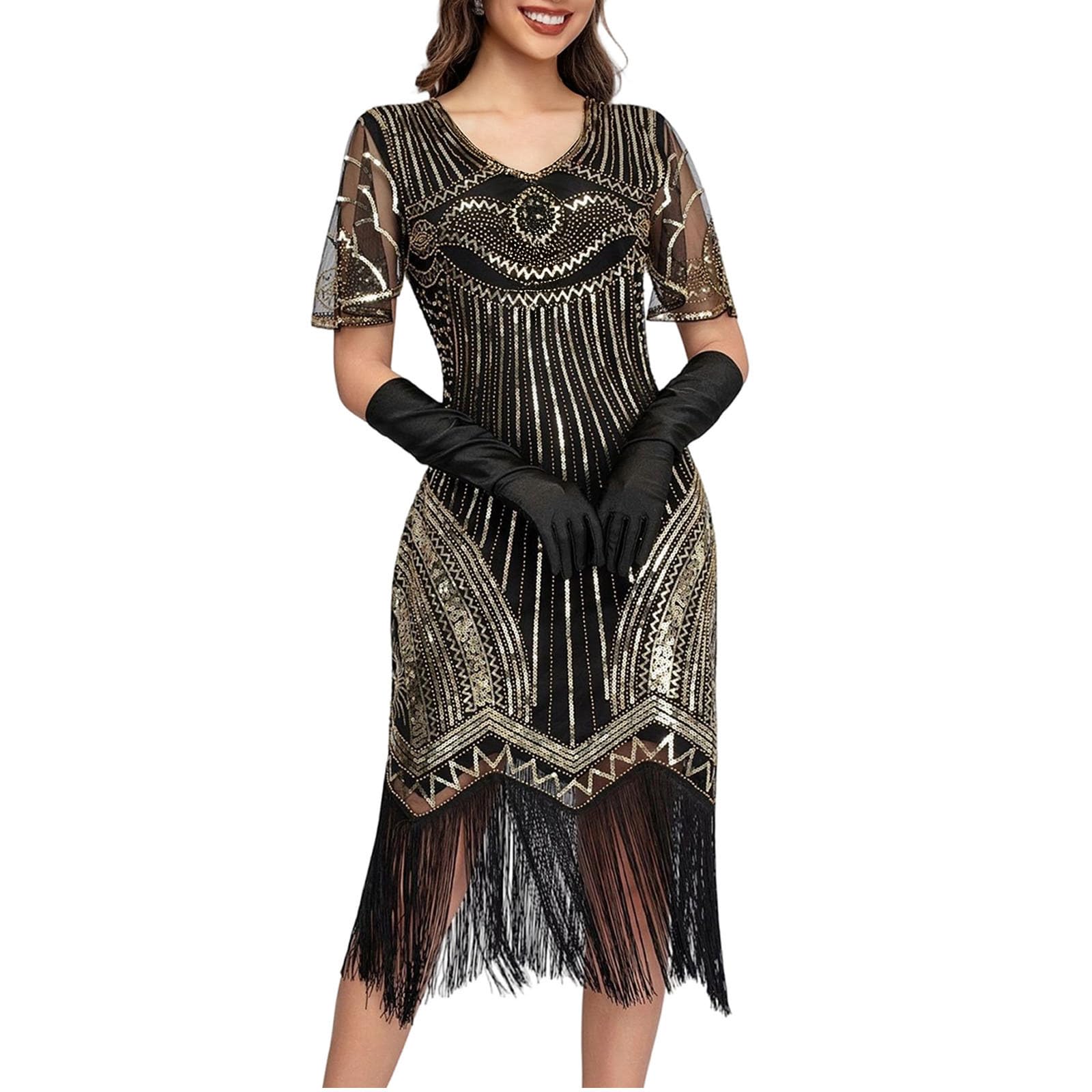 Sequin Dress 1920s Flapper Dress Vintage Beaded Gatsby Flapper Evening Prom Roaring Dresses Sequin Fringe 20s Speakeasy Party Theme Dresses Costumes Cothing Wear 20s Accessories Mafia Costume Gold