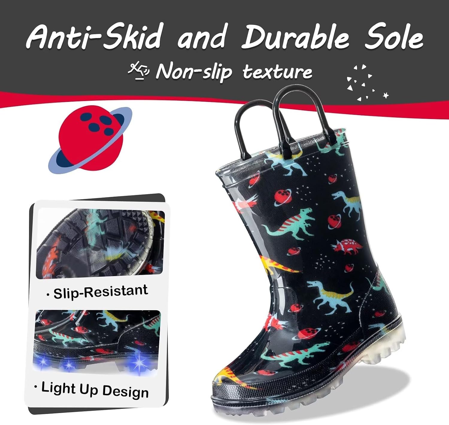 Kids Toddler Rain Boots for Girls Boys Light Up Waterproof Rain Shoes Patterns and Glitter Boot with Easy On Handles
