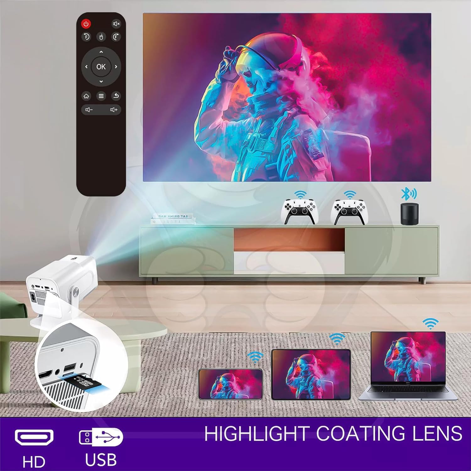 Projecteur Jeu Rétro 4K Avec 30 000 Jeux Intégrés - 1280x720p, 2 Manettes Sans Fil, WiFi, Bluetooth, Android 12