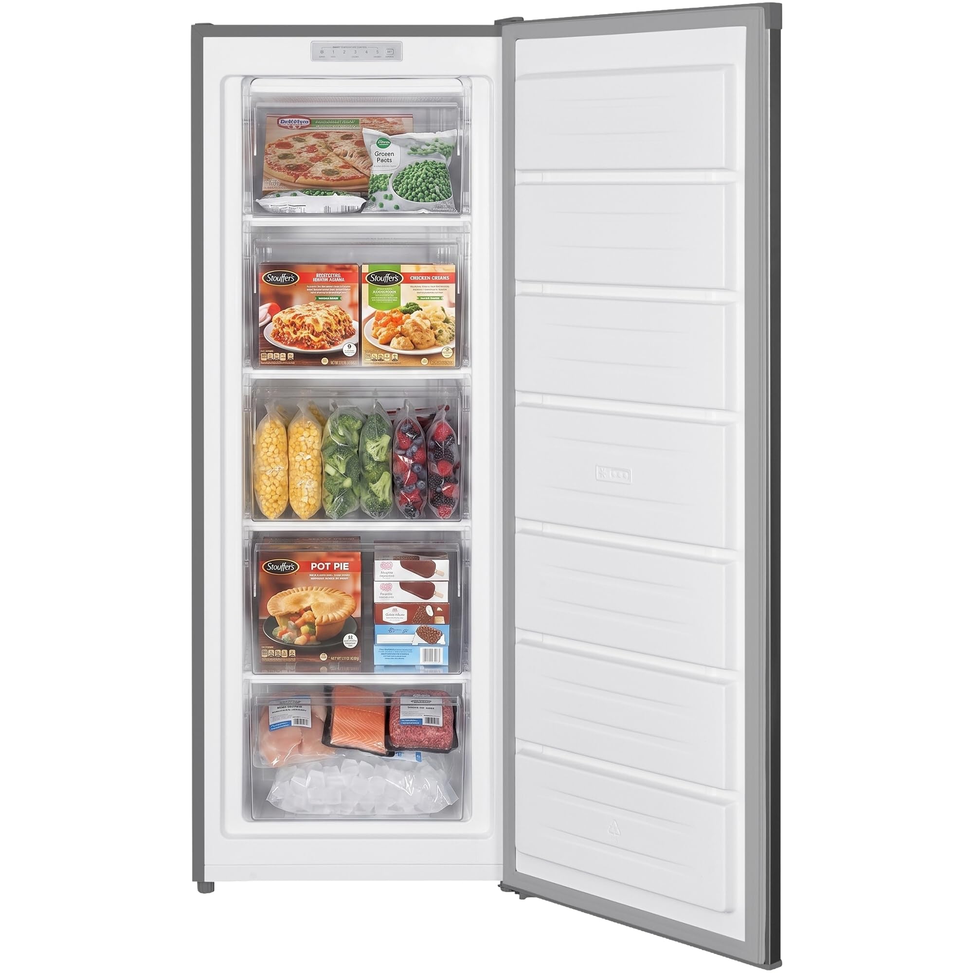 Gefrierschrank HFF-HM168XE++, 168 L, Energieklasse E, freistehend, elektronische Steuerung, LED-Anzeigen, Super Freezing, 5 Gefrierfächer, manuelle Abtauung, wechselbare Tür, Inox-Look
