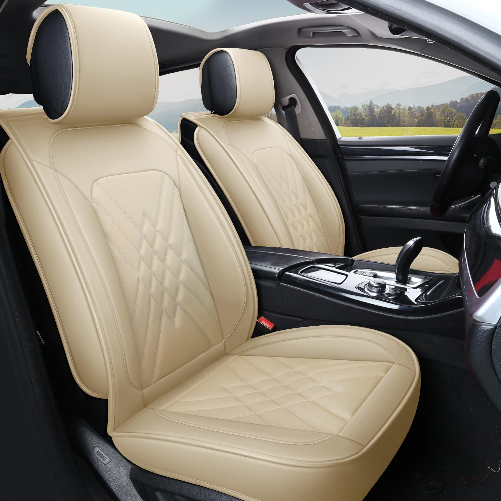 2pcs front car seat covers, universal leather-like, full set protector for jeep, van, suv, pickup, sedan, wagon. waterproof, wear-resistant, anti-slip, long-lasting?beige.