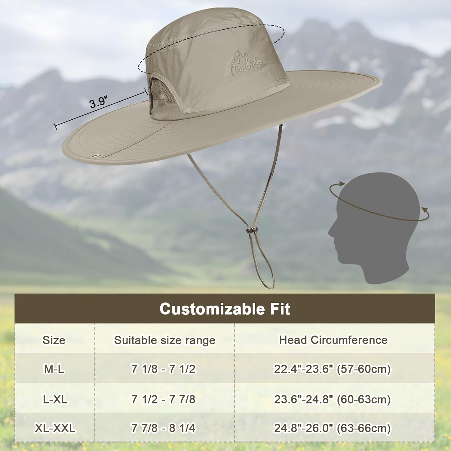 Cooltto L/XL/XXL Wide Brim Sun Hat UPF 50+, Waterproof & Breathable for Men, Women - for Fishing, Hiking, Camping & Traveling - Image 3