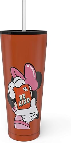 Zak Designs Disney Minnie Mouse - Vaso de viaje de acero inoxidable con aislamiento al vacío con tapa a prueba de salpicaduras, incluye popote de