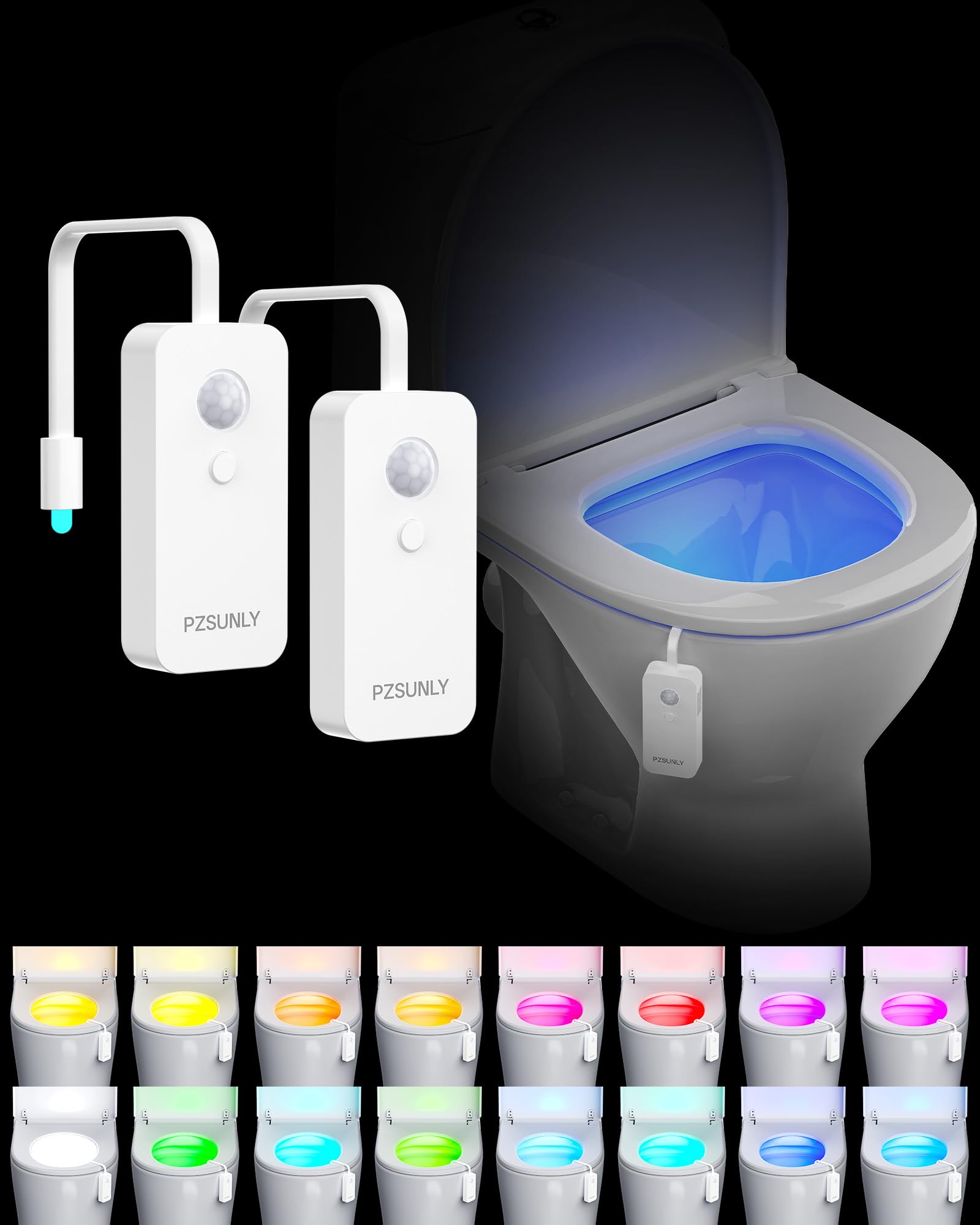 Led Toilettenlicht,IP65 wasserdicht,16 Farben, 2 Stück | Bewegungsmelder,USB-Aufladung, Aufhängbeleuchtung,RGB Farbe,500mAh,für Badezimmer/Toilette
