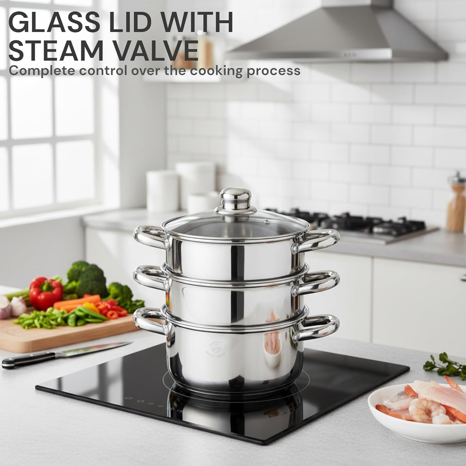 Royal Swiss Edelstahl Dampfgarer Ø28 cm, 8L, Dampftopf Induktion mit 2 Dämpfeinsätzen, Glasdeckel mit Dampfauslass, Gemüsedämpfer für Gas Elektro Ceran Halogen, Spülmaschinengeeignet