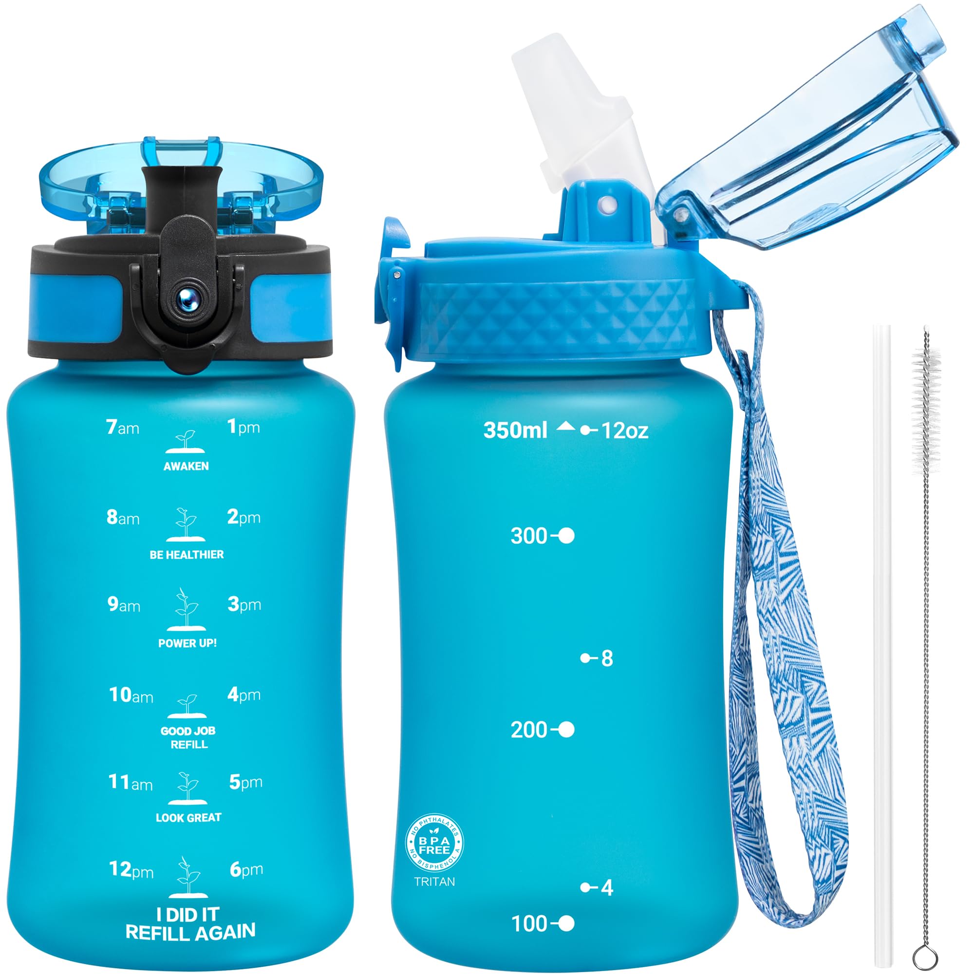 OLDLEY Kids Water Bottle for School, 12 oz (2 lids) BPA-Free Reusable Leak-proof Durable Tritan Plastic Water Bottles with Straw & Chug Lids,