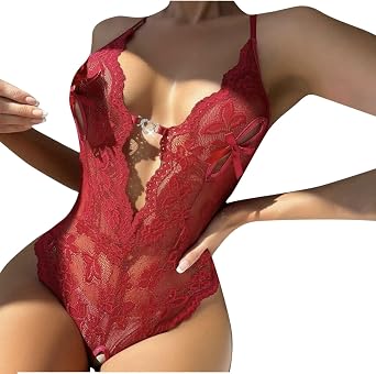 Borniu Women Snap Crotch Lingerie Sexy Lace Bodysuit Deep V Teddy One Piece Lace Babydoll Nightwear Sluttly Naughty Outfits