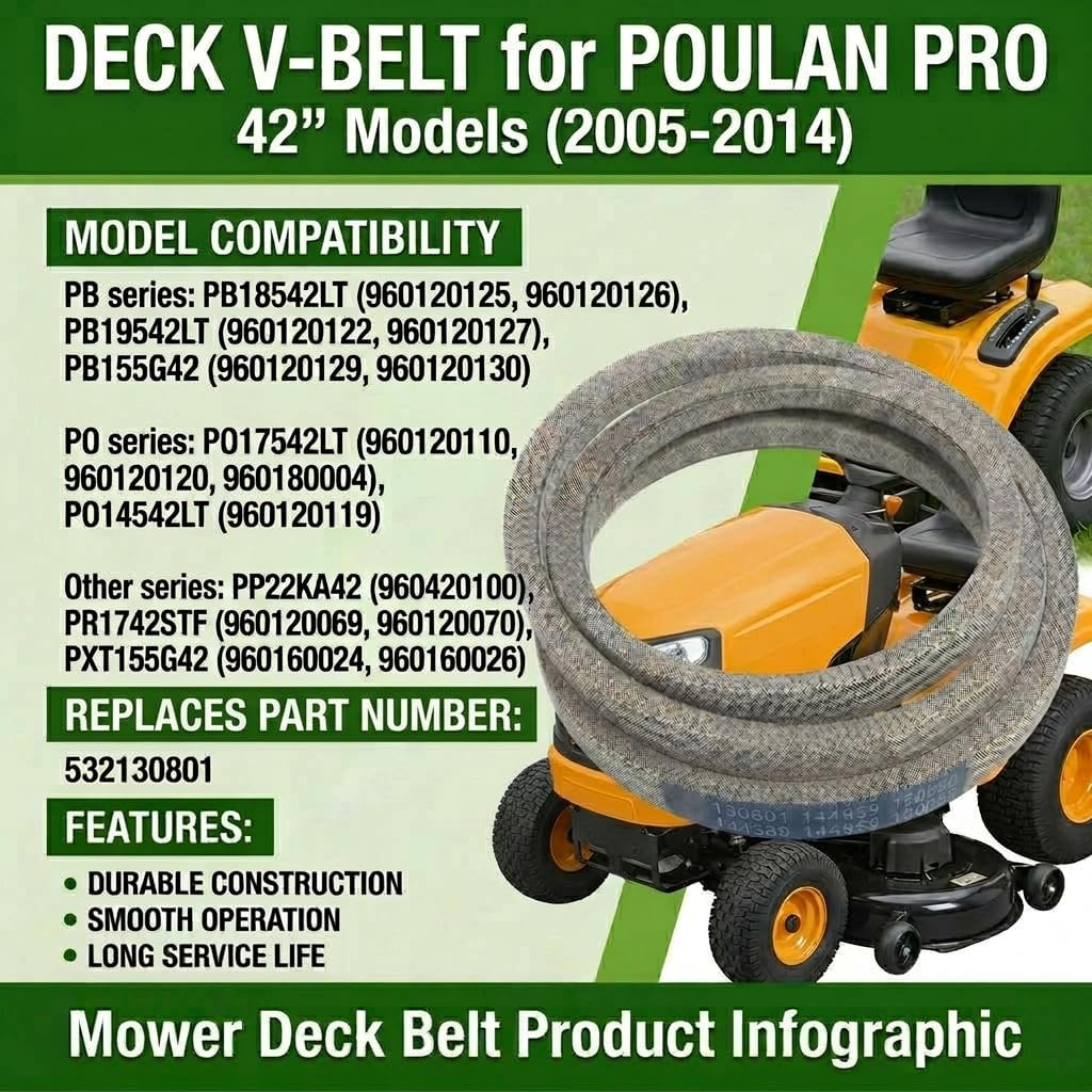 144959 Deck Belt for Husqvarna YTH180 42" Riding Mower, 1/2 x 95.5 Mower Belt Fits for Poulan Pro PB18542LT PO17542LT,for Craftsman LT1000 LT2000 LT3000 DYT4000 (Replaces 532144959 531300766 160855) view 6