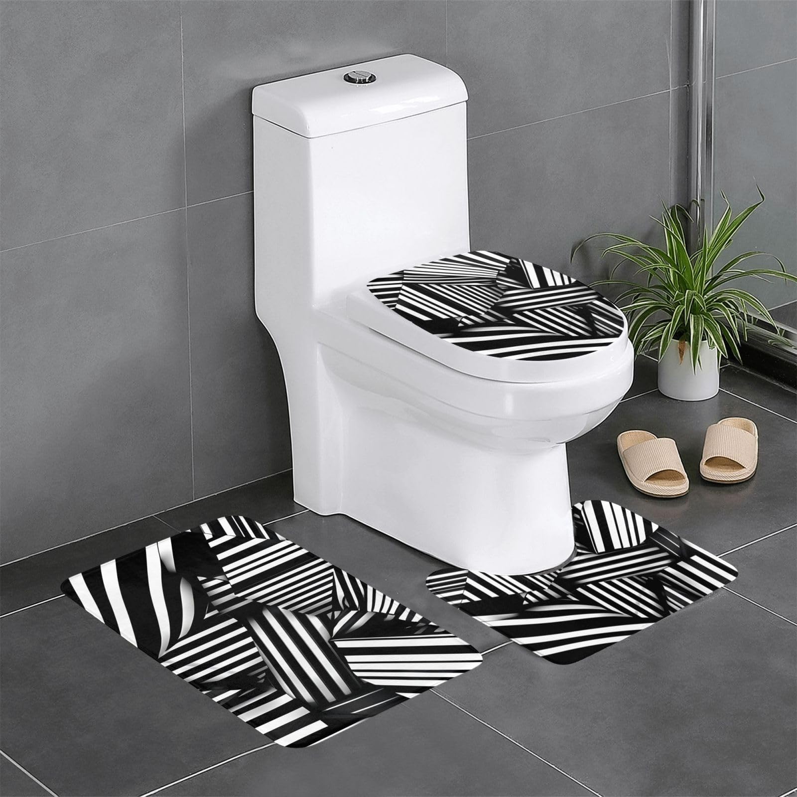 Tapis de salle de bain antidérapants lot de 3 avec lignes géométriques pour WC