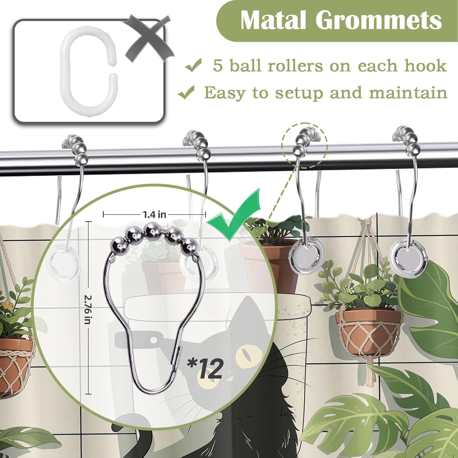 Plant Shower Curtain Botanical Green Leaf Funny Black Cat Shower Curtains for Bathroom Decor Sets, Waterproof Cloth Fabric with Hooks, 70x72 Inch