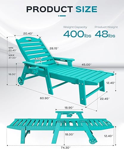 Miniatura 56 de Silla de Descanso para Exteriores, Silla de Descanso Chaise Lounge de Gran Tamaño con 5 Posiciones, HDPE, Silla de Descanso para Patio con Ruedas